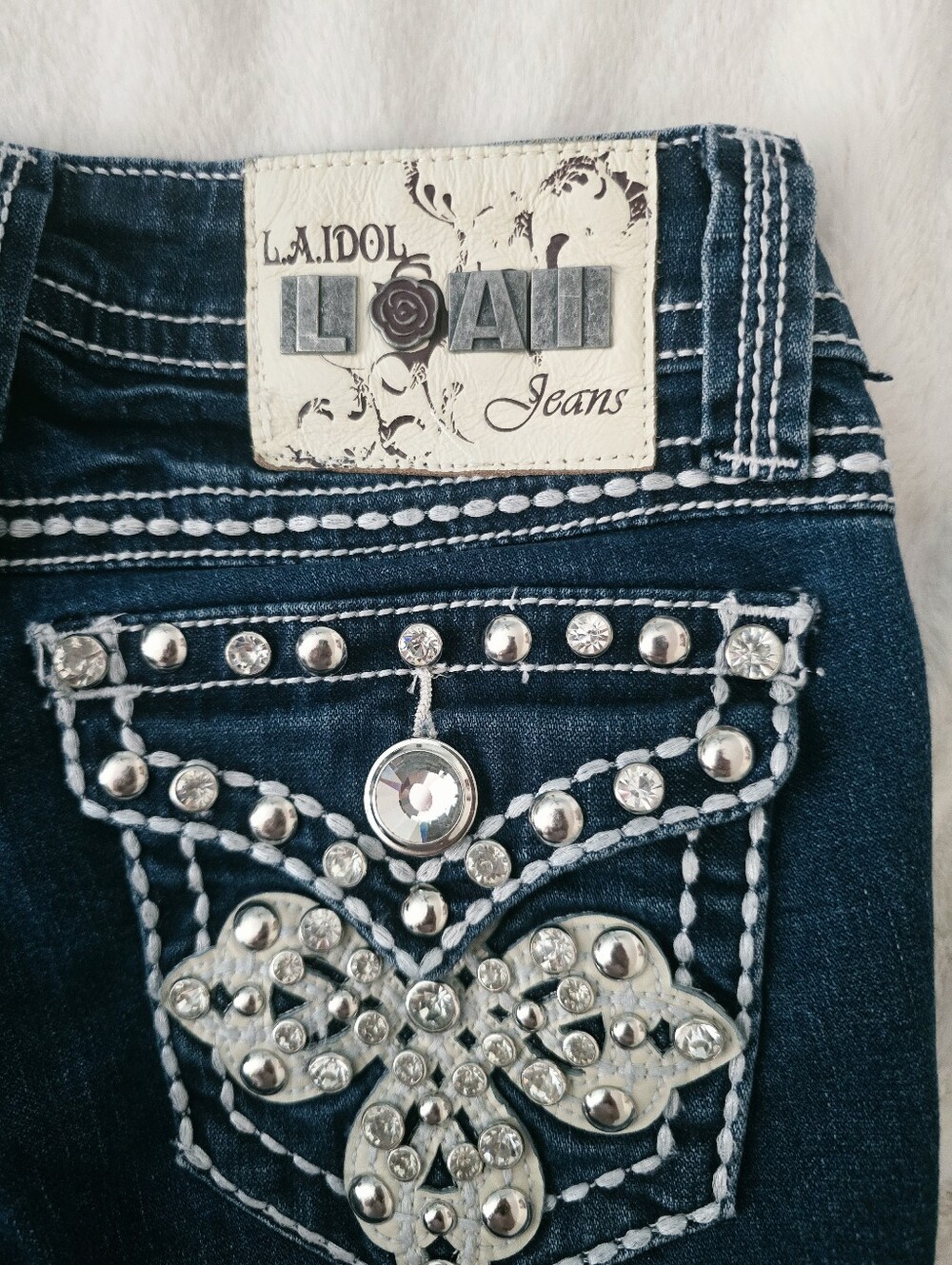 LA Idol USA Bootcut Jeans Embellished Contrast Stitch Dark Wash size 0